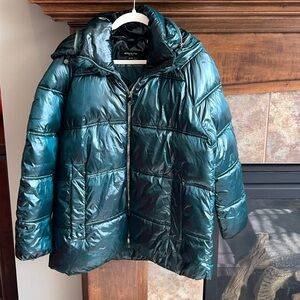 Metallic forest green Quilted Puffer Jacket Removable Hood Kenneth Cole NY XL